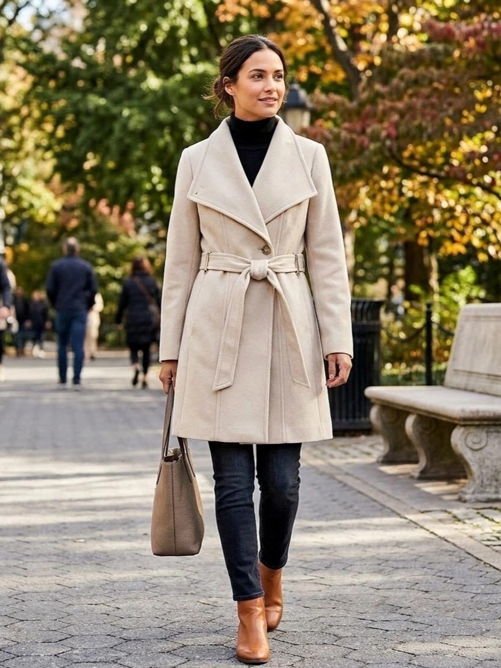 DKNY Notch Collar Belted Wrap Coat Cream Large